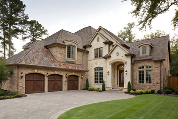 Fototapeta premium Modern Villa Exterior In Summer Luxury house exterior with brick and siding trim