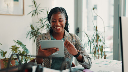 Tablet, happy and black woman in office with research for business budget planning with charts....