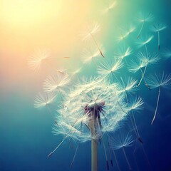 Soft gradient background with floating dandelion seeds and delicate light rays, central space for title text, peaceful spring mood, minimal design

