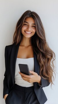 Smiling woman in business attire holding a phone