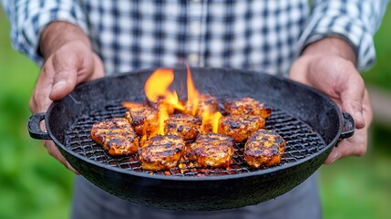 Person Holds Grill Pan with Flaming Patties Outdoors in Blurred Green Background