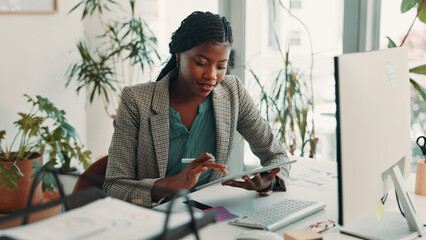 Check, receptionist or woman with tablet for office appointment, schedule or planning in business....