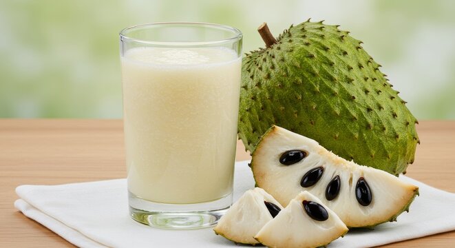 Refreshing soursop juice still life with creamy texture and fibrous strands