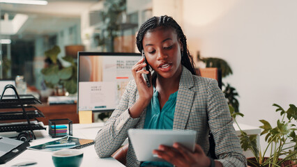Phone call, review and tablet with business black woman in office for administration or update....
