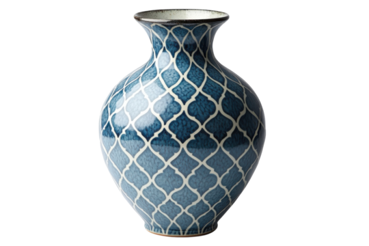 Elegant blue ceramic vase intricate lattice pattern against black background studio shot home decor