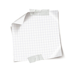 White grid notepaper journal sticker. A blank sheet of checkered paper. Real notepad with grid line...