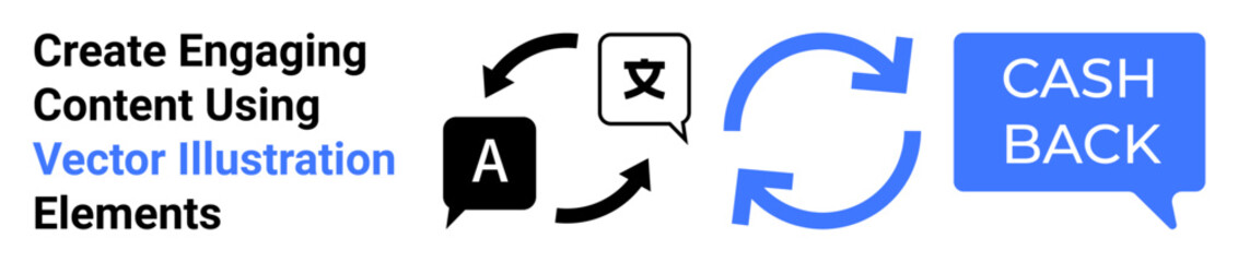 Alphabet icons with language translation arrows and a blue cashback speech bubble. Ideal for global communication, language tools, user rewards, e-commerce, fintech, marketing, flat landing page