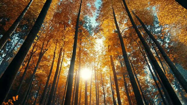 Sunlit autumn forest, trees, vibrant foliage, nature