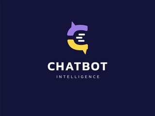 Chat Bot Artificial Intelligence Technology with letter C chat box logo vector design concept. Robot Virtual Assistance logotype symbol for AI Technology, online support, automation, ui, new tech.