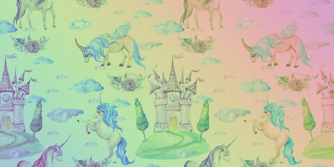 Enchanting Unicorn and Castle Watercolor Pattern