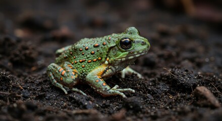 Obraz premium Small Orange Spotted Frog on Dark Brown Ground - A vibrant green frog with small orange spots sits on dark brown earth. It symbolizes nature, wildlife, amphibians, camouflage, and resilience