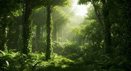 Obraz premium Sunlit Green Jungle Path - Lush green jungle, sunlight filtering through leaves, peaceful atmosphere, serene nature, vibrant foliage. Symbolizing tranquility, growth, exploration, mystery, and renewal