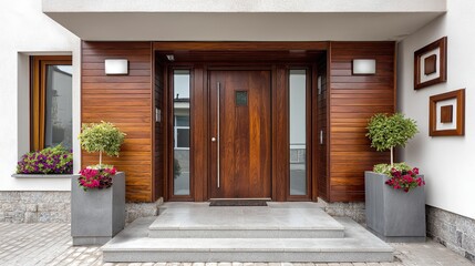 A minimalist home with a sleek teak front door, ivory-colored walls, and warm wood accents
