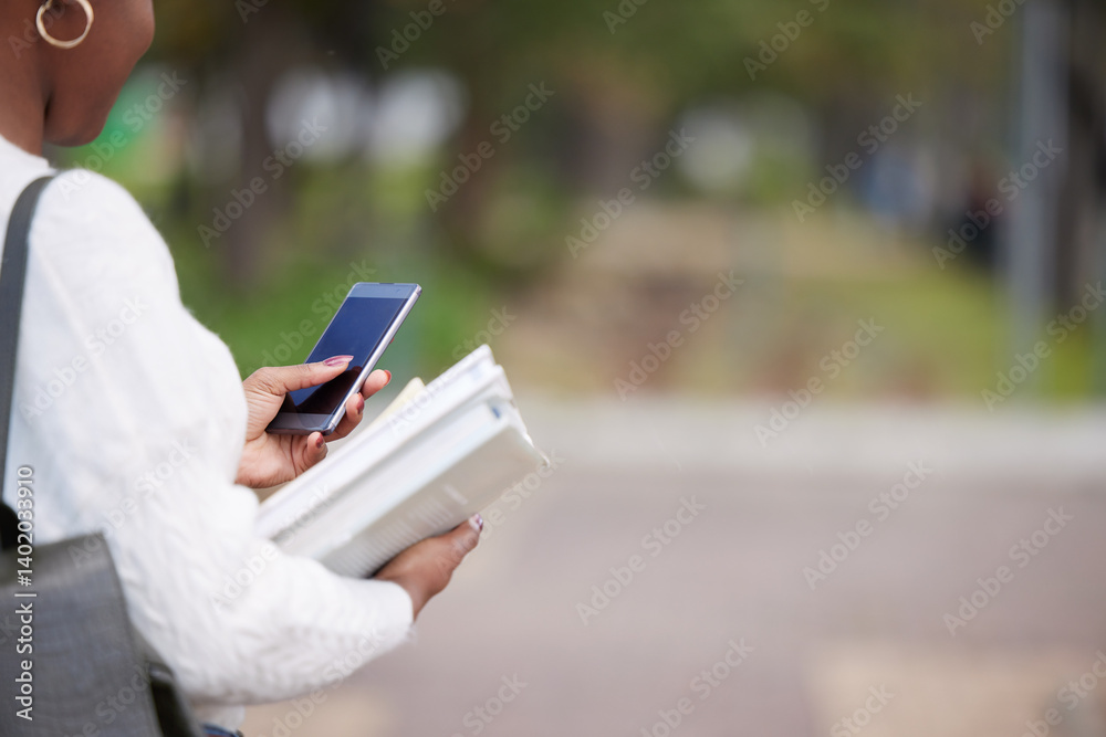Aufkleber student, smartphone and books or back outside, online and elearning college or university for intern