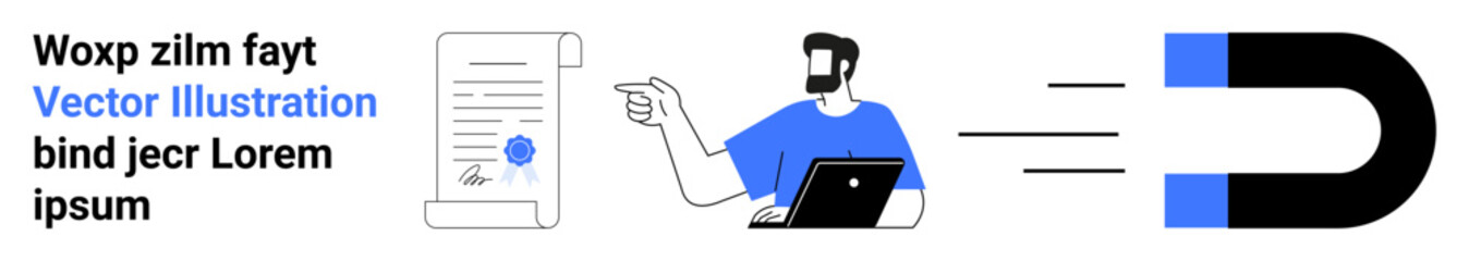 Person with a laptop pointing at a document attracted by a magnet symbol. Ideal for digital marketing, content creation, user engagement, retention strategies, technology workflows, branding, flat