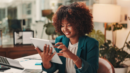 Tablet, communication and black woman in office with research, project or creative report for KPI. Digital technology, reading and African female brand manager monitoring online campaign in workplace
