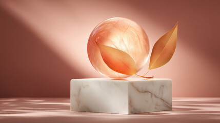 A stylized fine-art photo featuring a translucent peach-hued crystal sphere with a copper botanical leaf, resting elegantly on a white marble pedestal, surrounded by a dusky rose ambient glow and de