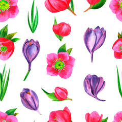 Seamless pattern with pink hellebores and crocuses on white background, watercolor floral pattern suitable for wallpaper, cards or fabric.