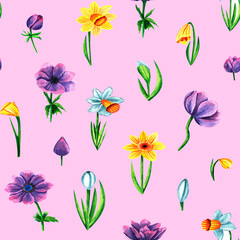 Violet anemone and daffodils flowers. Floral background, seamless pattern. Luxury wallpaper, cloth, poster, paper