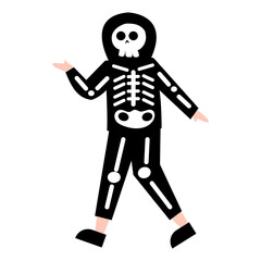 Skeleton-clad figure in black hooded suit, simplified flat illustration, Halloween or costume concept.