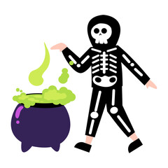 Skeleton Costume Stirring Green Potion Cauldron, Halloween Illustration.
