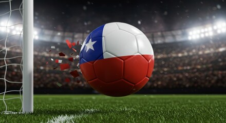 Chilean pride: A hyperrealistic soccer ball scores against stadium lights backdrop
