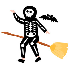 Skeleton Costume Flying on Broom with Bat, Halloween Graphic