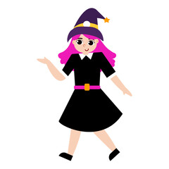 Whimsical Witch: Purple Hair, Pointed Hat, Black Dress, Cartoon Character.