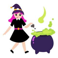 Cartoon Witch Mixing Potion: Purple Hair, Bubbling Cauldron, Halloween Illustration.
