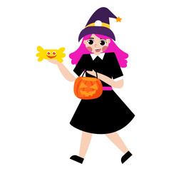 Pink-haired Witch with Pumpkin Bag and Candy, Flat Vector Illustration.