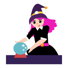 Cartoon Witch with Pink Hair Gazing into a Crystal Ball.