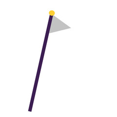 Minimalist Triangular Flag: Dark Purple Pole, Yellow Tip, Gray Pennant on White.