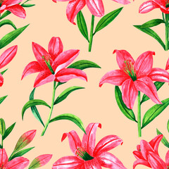 Seamless pattern with pink lilies and tulips on yellow background, watercolor floral pattern suitable for wallpaper, cards or fabric.