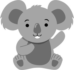 Stylized Gray Koala Sitting, Raising Paw in Friendly Wave, Isolated on White.