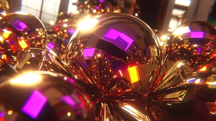 A dazzling display of multifaceted golden and purple orbs.