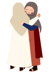 Warm Embrace: Two Women in Hijabs Sharing a Heartfelt Hug, Friendship Illustration.