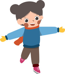 Cartoon girl skating, brown hair buns, blue sweater, orange scarf, winter fun.