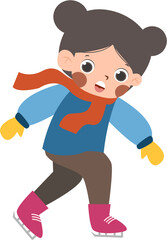 Cartoon girl ice skating, winter apparel, joyful expression, vector illustration.
