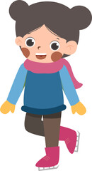 Cartoon girl ice skating, pink scarf, winter fun.