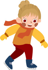 Cartoon girl ice skating, smiling, winter apparel, cheerful, active, vector illustration.