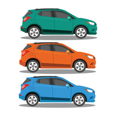 Vector illustration of modern car in cartoon flat style. Simple picture of land vehicle transportation. Familiy car side view. Modern technology automobile. Colorful exterior body car. SUV, compact 