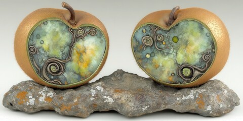 Fototapeta premium Two golden apples, intricate inner designs