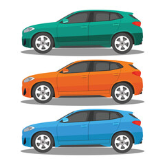 Vector illustration of modern car in cartoon flat style. Simple picture of land vehicle transportation. Familiy car side view. Modern technology automobile. Colorful exterior body car. SUV, compact 