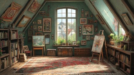 Obraz premium Serene Attic Artist's Studio: A Haven of Creativity and Calm