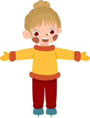 Smiling girl skating, arms outstretched, wearing yellow sweater and red pants.