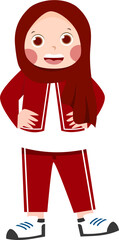 Smiling Girl in Hijab, Red Tracksuit, and Sneakers, Cartoon Style.
