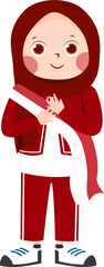 Cartoon Girl in Red Hijab and Tracksuit with Sash.