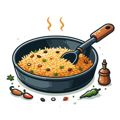 Pan of fried rice with vegetables and wooden spoon. Perfect for Asian cuisine recipes, homemade cooking techniques, quick meal solutions, or versatile dinner illustrations.
