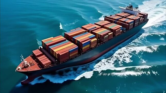 Aerial View of Container Ship Crossing Deep Blue Sea