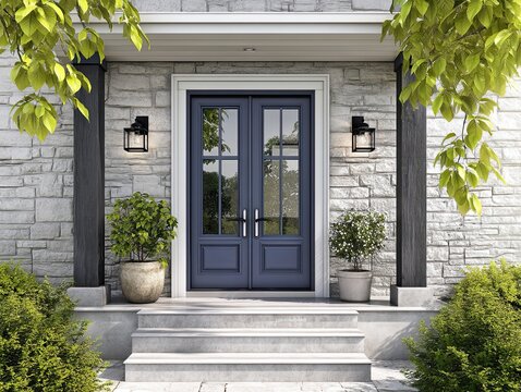 A modern 3D rendering of a light gray front door with dark wooden columns and sleek, minimal steps